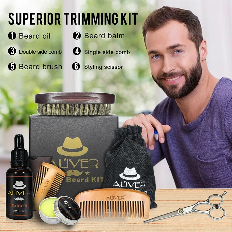 6pcs/set Men Beard Kit Barba Grooming Beard Set Beard Oil Moisturizing