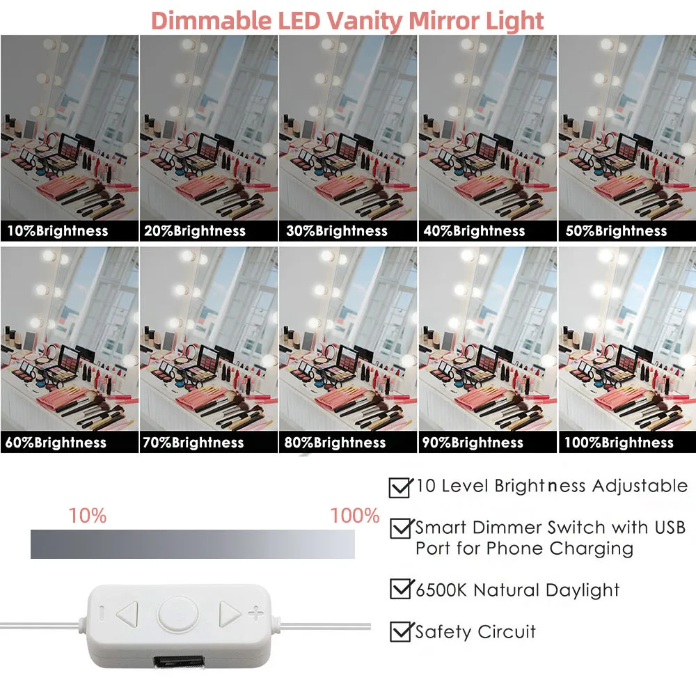 10 шт. светодиодный светильник-зеркало для макияжа, лампа-косметичка, светильник-зеркало, голливудская лампа, USB туалетный столик, зеркальная бесступенчатая Косметическая лампа с регулируемой яркостью