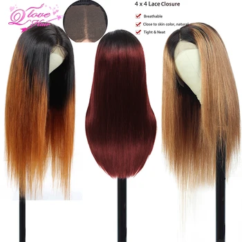 

1B/30/99J Ombre Color Lace Closure Human Hair Wigs With Baby Hair 130% 4*4 Straight Brazilian Honey Blonde Lace Wig for Women