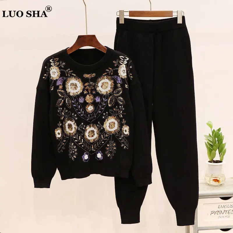 

LUOSHA Two Piece Women Autumn Winter Warm Heavy Work Knitted Sequined Pullover Sweater Top And Pants Sets 2 Piece Tracksuit