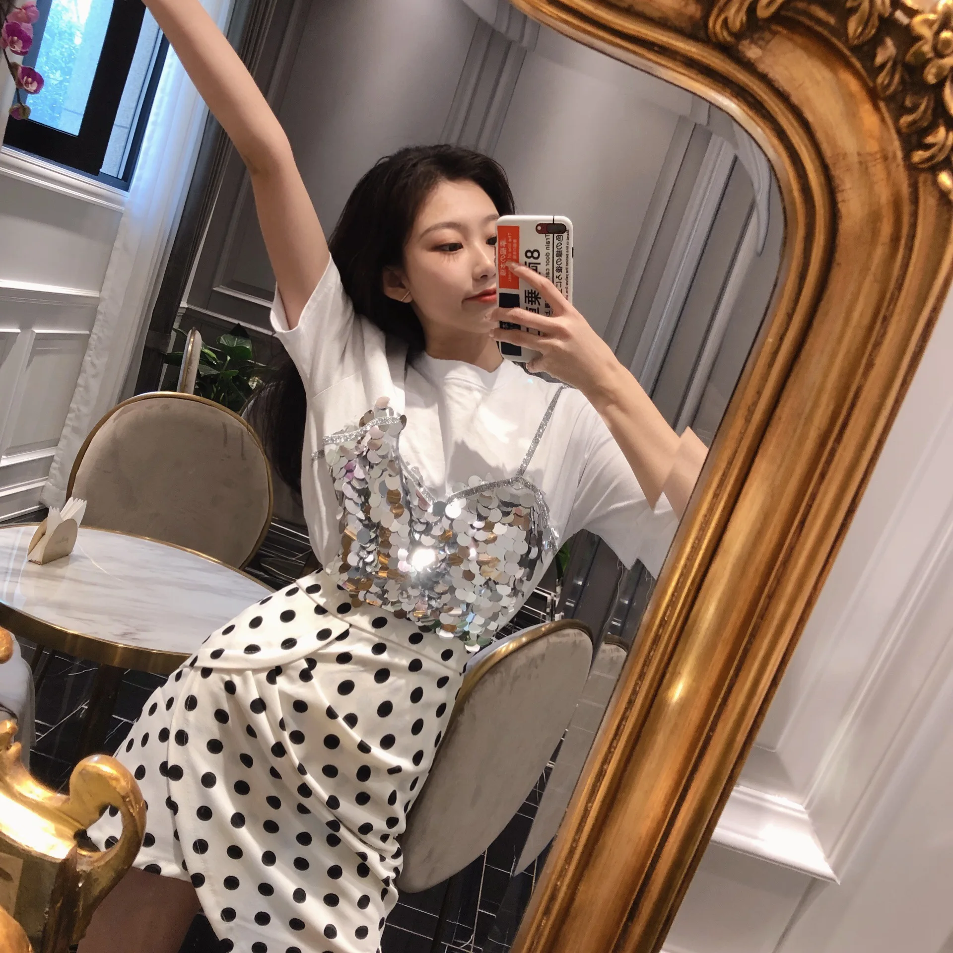 

2019 New Style Sequin Mock Two-Piece Casual Tops + Irregular Polka Dot Skirt