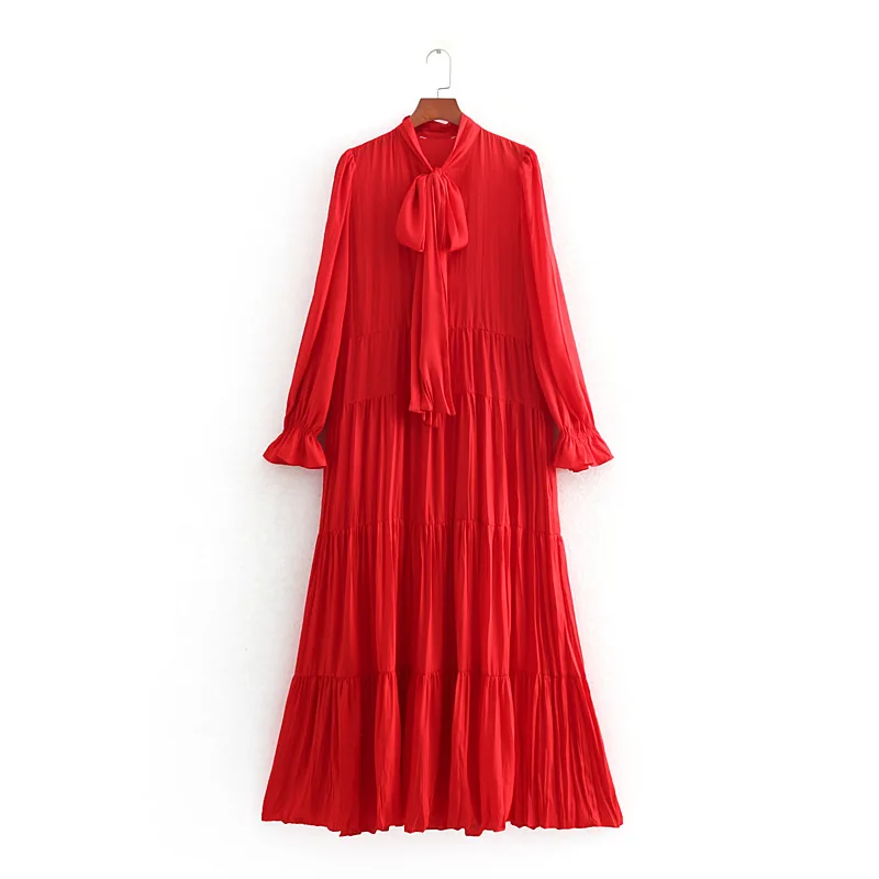 

2019 Western Style Spring And Summer Women's Dress New Style Cake Dress Bright Red Long-sleeved Dress Long Skirts