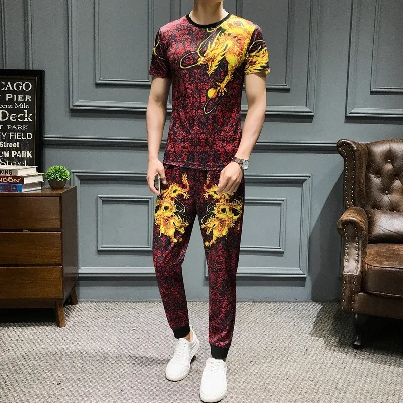 

Summer Tracksuit Sportswear Causal T Shirt +Pants Jogger Suit Slim Fit 2-piece Set Harem Pants Dragon Printed Large Size Men Set