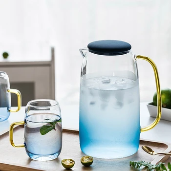 

MDZF 1.4L Blue Glass Cold Water Kettle Set Teapot Bottle Jar Kettle Large Capacity Heat Resistant Water Pot Tea Cup With Handle