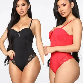 

Sexy Lace Bodycon Bodysuit Women Tops V Neck Push Up Padded Underwire Sexy Bodysuit Female Leotard Black Red