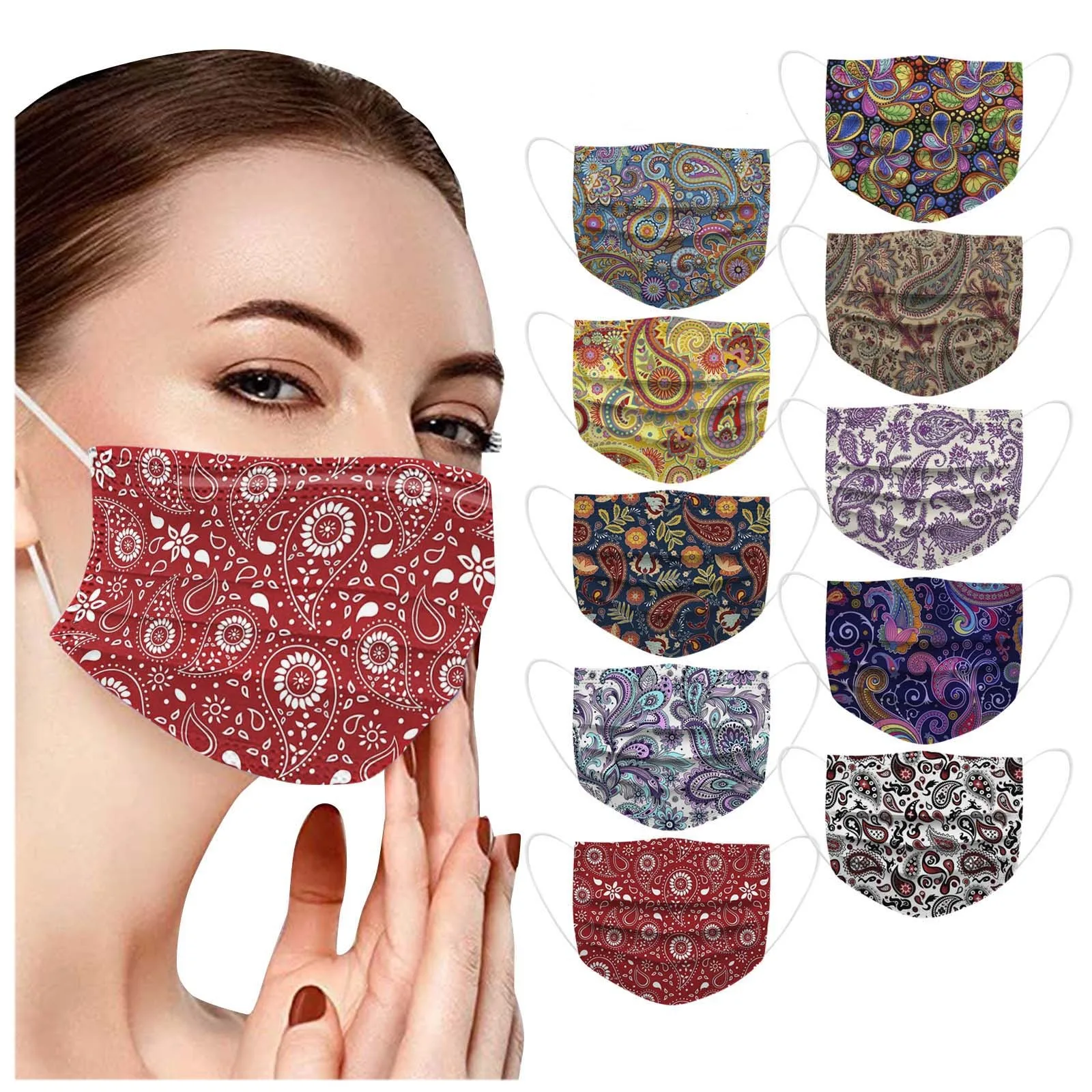 Face Mask 10/50/100PCS Adult's Paisley Print Disposable 3Ply Ear Loop Floral маска Mascarillas