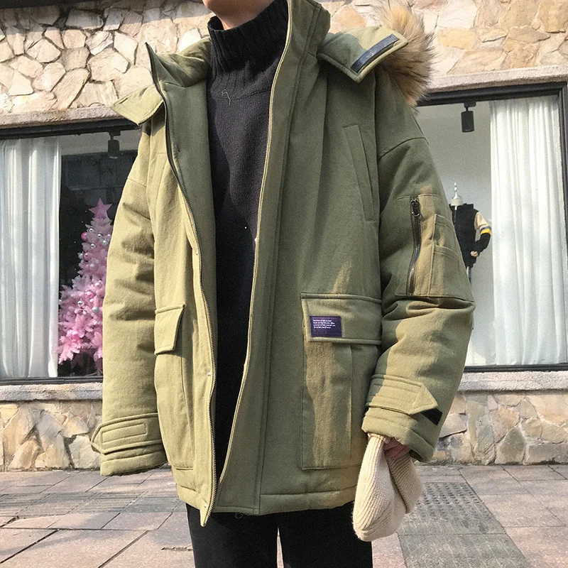 

Winter Parka Men Thick Coat Men's Warm Fashion Solid Color Fur Collar Hooded Coat Man Wild Loose Cotton Jacket Male Clothes