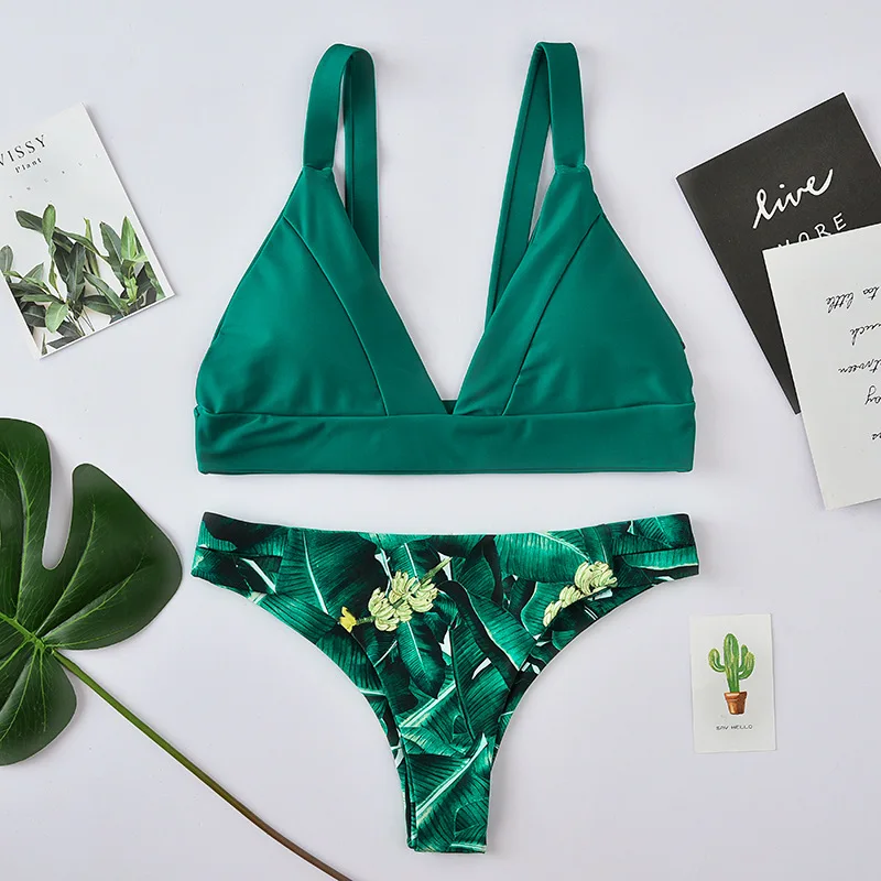 

PRYDYC Two Pieces Bikini Set Leaf Printed Split Swimsuit Push Up Swimwear Women Bathing Suit Low Waist Paded Wire Free Female