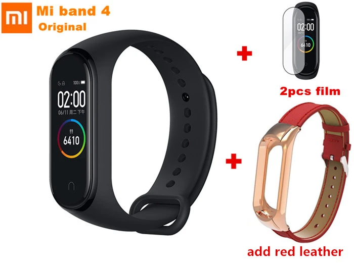 add red leather 1 Xiaomi mi-браслет 4 Bluetooth 5,0, умный браслет, фитнес-трекер, браслет AMOLED с цветным экраном, AI, пульсометр mi Band 4 - Цвет: add red leather 1