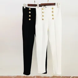 Primavera outono chique feminino double breasted estiramento lápis calças c398
