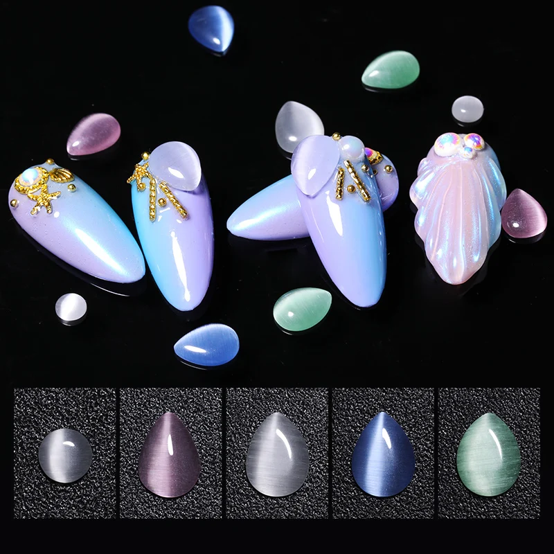 

10 Pcs Nail Rhinestones 3D Nail Art Decoration Cat Eye Stones Colorful Mixed Water Droplets Round Shape Nail Accessories