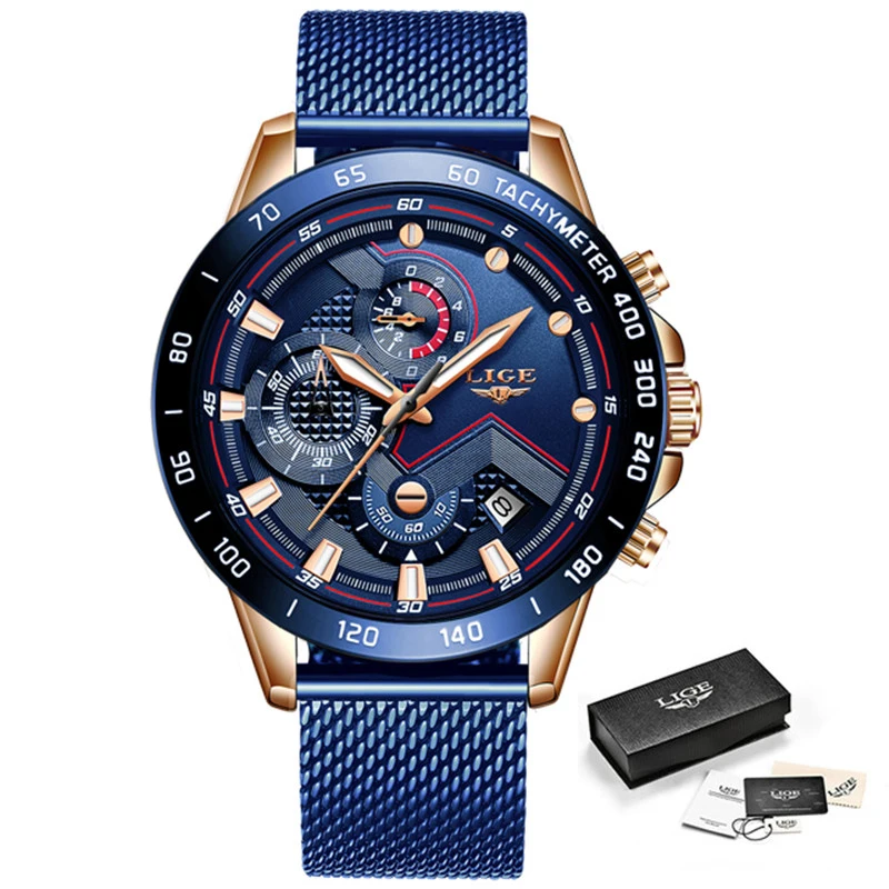 Lige Fashion New Mens Watches Brand Luxury Wristwatch Quartz Clock Blue Watch Men Waterproof Sport-6