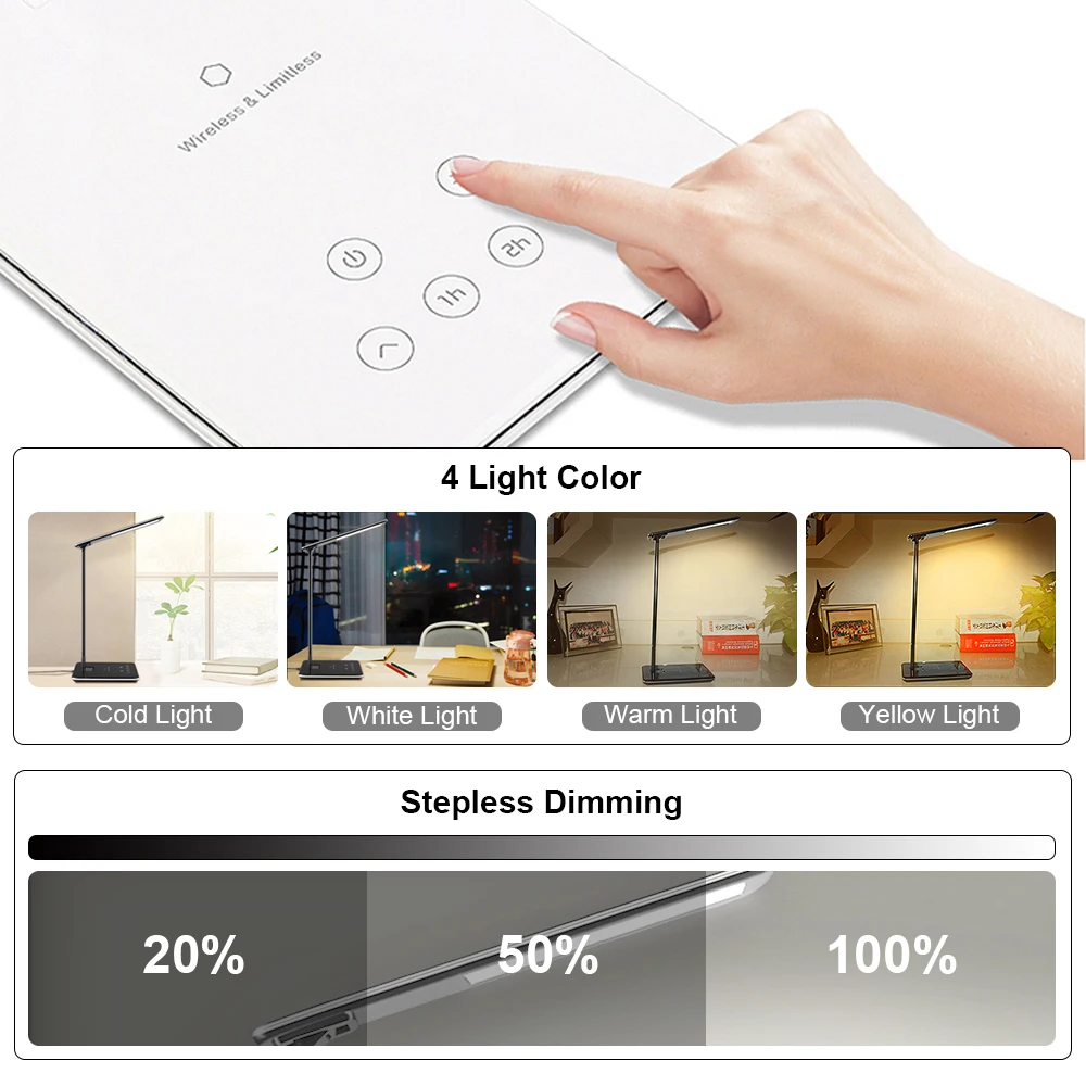 LED Table Lamp QI Wireless Charging Multi-Function LED Desk Lamp Desktop Light Dorm Room Modern Off