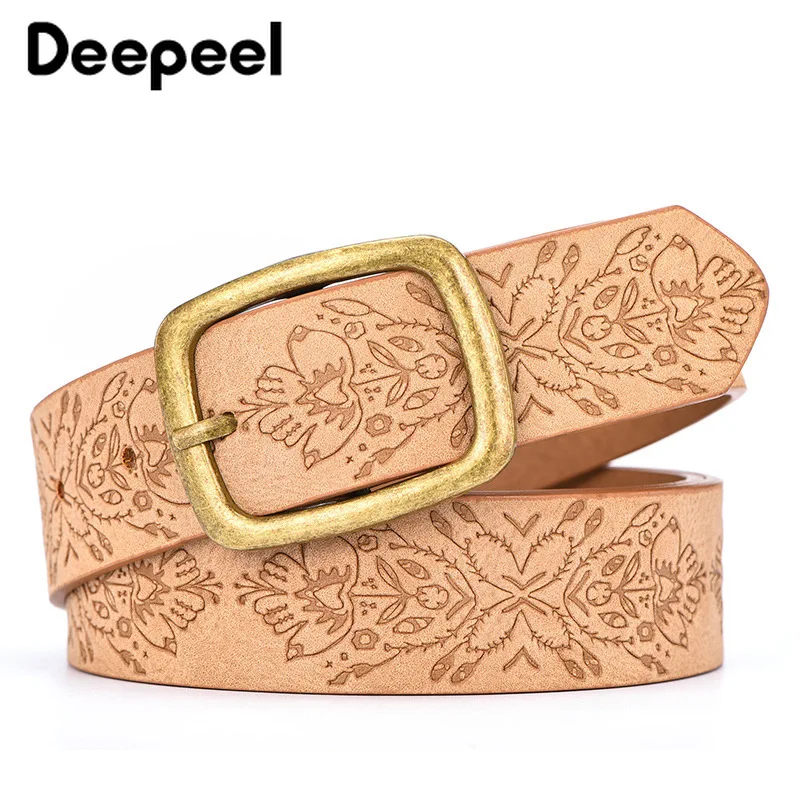 Deepeel/1 шт., 3,4 см* 97-127 см, женский кожаный ремень с цветочным узором, классический декоративный пояс с пряжкой в стиле ретро, подарок для женщин YK758 - Цвет: Beige