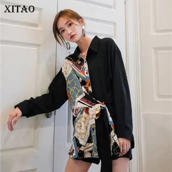 

XITAO Patchwork Print Bandage Blouse Women Clothes 2019 Fashion Hit Color Tide Shirt Top Turn Down Collar Autumn New WQR1682