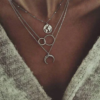 

European and American Fashion Multi-Layer Moon Map Necklace Cool Bohemian Style Multistory Necklace