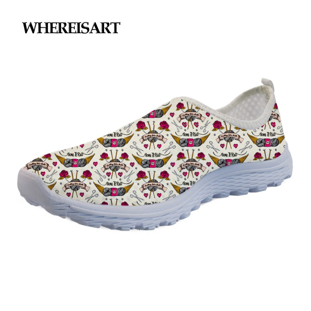 

WHEREISART Ladies Mesh Shoes Summer Beach Water Sneakers Shoes Women Flats Born To Knit Tattoo Pattern Teen Girl Spring Loafers