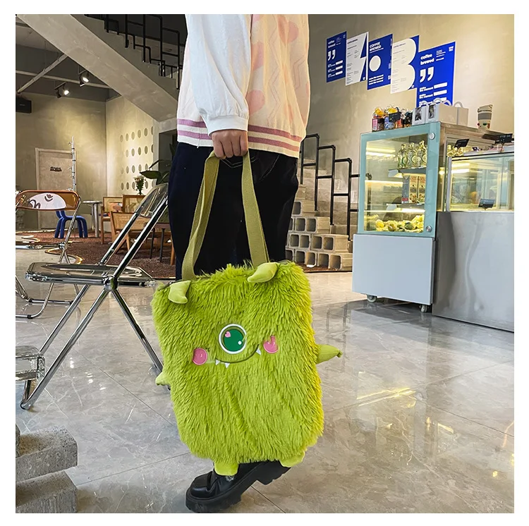 Women new Japanese cute funny plush handbag personality embroidery little monster plush girl student shoulder bag female bag