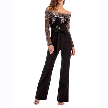 

Casual Women Off Shoulder Jumpsuit Elegant Sequin Embroidery Loose Long Jumpsuit Summer Autumn Hollow Out Wide Leg Trousers S-XL