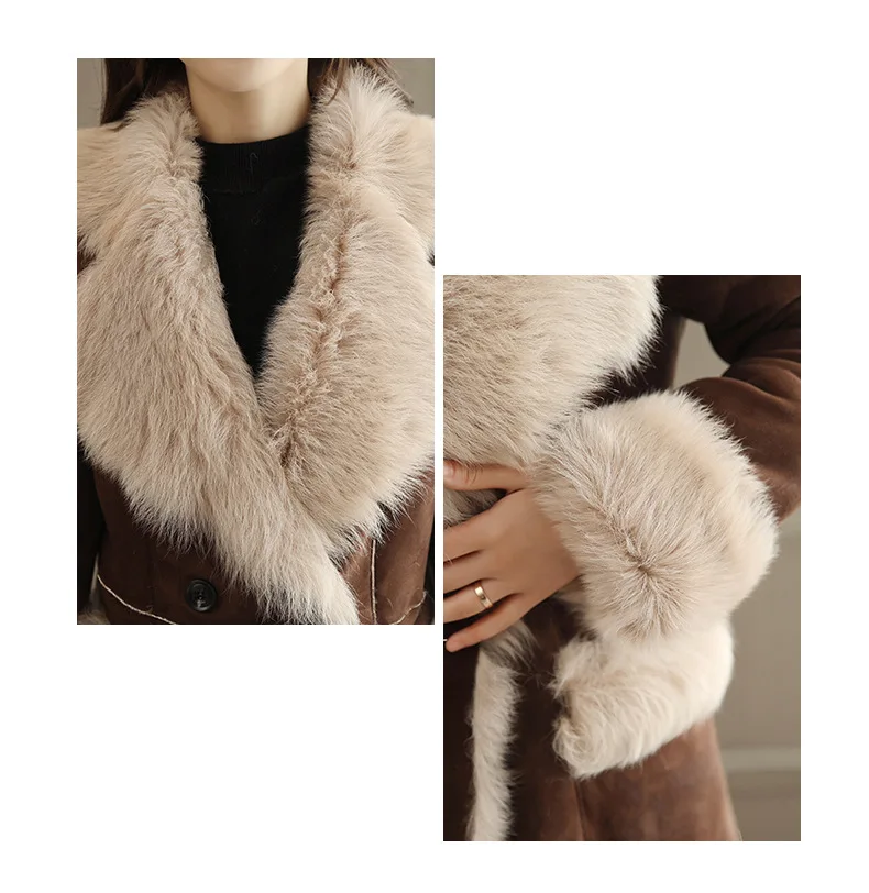 Женское шерстяное пальто плюс, зимнее шерстяное пальто из овечьей шерсти, длинное Стильное женское Модное теплое меховое утепленное пальто из оленьей кожи