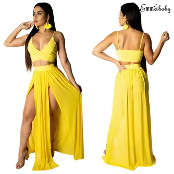 

Elegant Party Two Piece Set Spaghetti Strap Backless Crop Top Long Split Skirts Summer Set Sexy 2 Piece Set Women 2020 Outfits