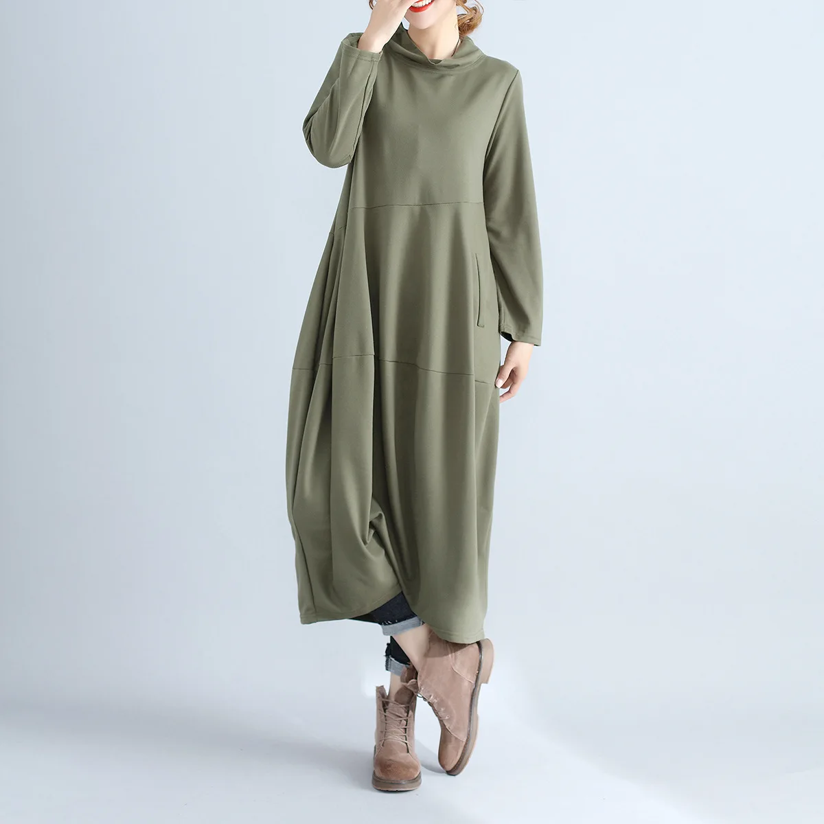 

2019 Spring New Style Literature And Art Large Size Dress Solid Color Long Sleeve Joint High Collar Mid-length Big Hemline Dress