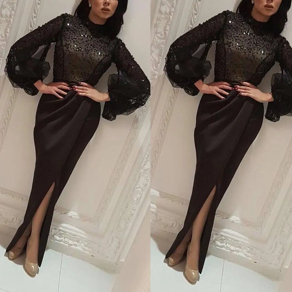 SuperKimJo Abendkleider с расклешенными рукавами черные вечерние платья Длинные элегантные скромные блестящие Дешевые Вечерние платья Русалка арабский