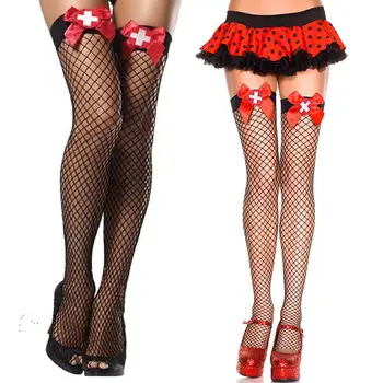 

Hollow Out Sexy Stockings Female Mesh Black Women Tights Bowknot High Stockings Long Fishnet Stocking Nurse Costumes Free Size