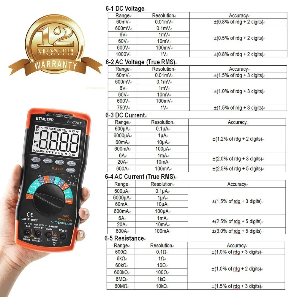 BTMETER BT-770T Цифровой мультиметр 6000 отсчетов истинного среднеквадратичного значения мультиметр автоматический диапазон для переменного тока постоянного тока, сопротивление напряжения Емкость