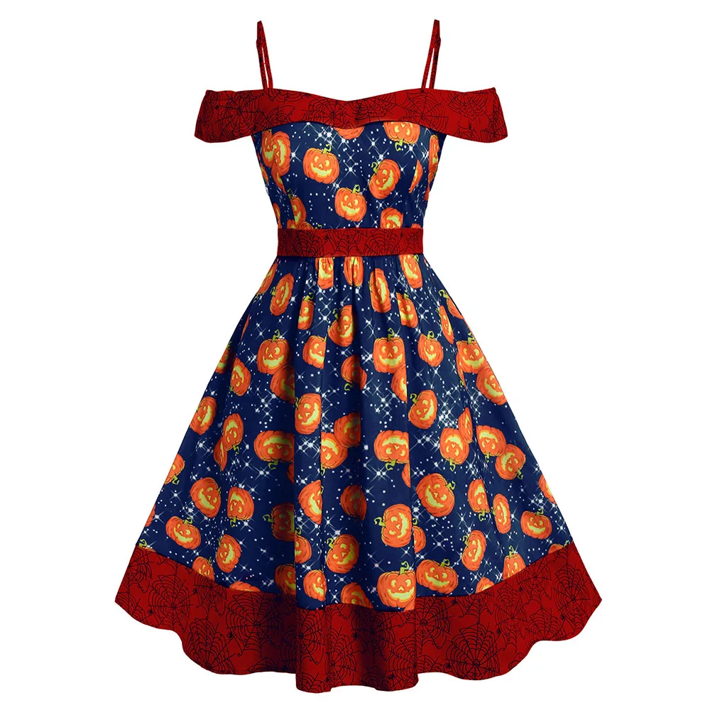 

5XL Large Size Women Halloween Vintage Dress A-Line Pumpkin Print Strap Dress Party Cold Shoulder Cami Summer Sequin Retro Dress