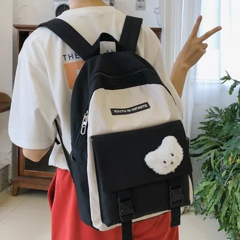 

DCIMOR New Waterproof Nylon Women Backpack Female Bear decoration back packs School Bag for Teenage Girls Panelled Book Mochilas