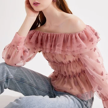 

Ruffle Off Shoulder Mesh Love Print Women Blouses Shirts Transparent Sweet Pleated Short Pink Elegant Female Top Patchwork Blusa