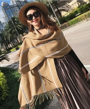 

Small Vertical Bar Women Scarves Winter Warm Tourism Shawl Plush Tassel Dual-purpose National Style Scarf