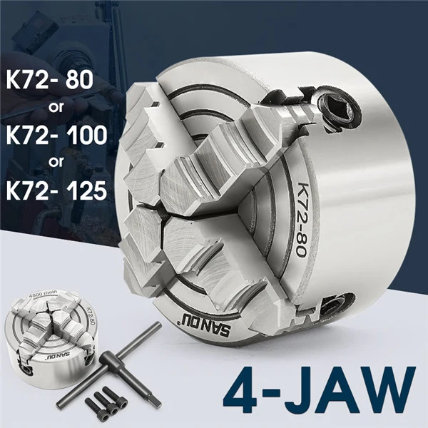 Vente K72 80 K72 100 K72 125 4 Mâchoires Mandrin de Tour 80mm 100mm 125mm Indépendants 1 pièces Mandrin De Sécurité Clé 3 pièces Boulon De Fixation