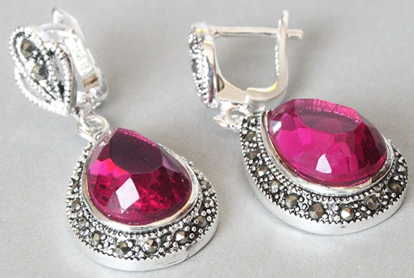 Hot sell Noble- hot sell new - Genuine 925 Silver Faceted pink Crystal Marcasite Waterdrop Earring 1 1/2