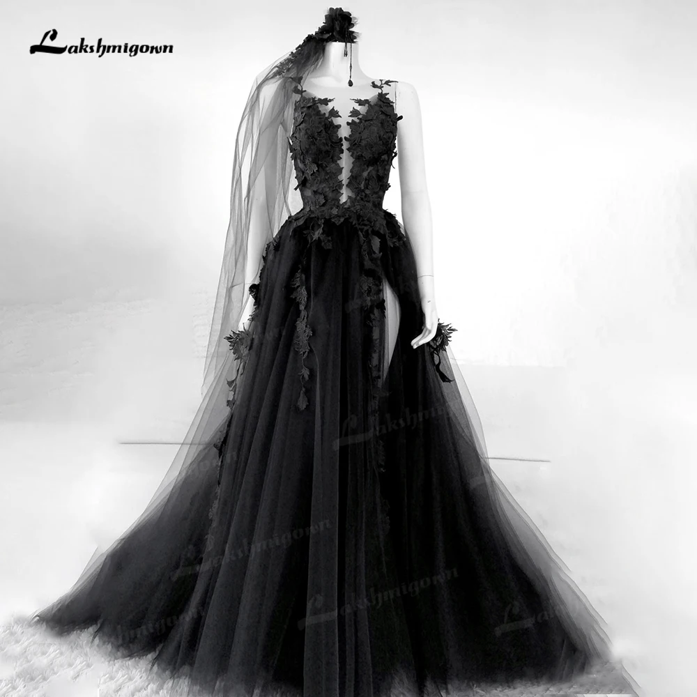 

Sexy Gothic Black Wedding Dresses with High Slit Backless Beach 3D Lace Appliques Black Bridal Gown Brautkleid Vintage Plus Size