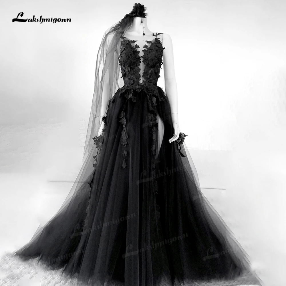 Sexy Gothic Black Wedding Dresses with High Slit Backless Beach 3D Lace Appliques Black Bridal Gown Brautkleid Vintage Plus Size second hand wedding dresses
