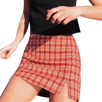 

ZEBERY Streetwear High Waist Split Short Skirt Mini Skirt harajuku plaid skirts womens Slim Tartan Red Women A-line Skirt