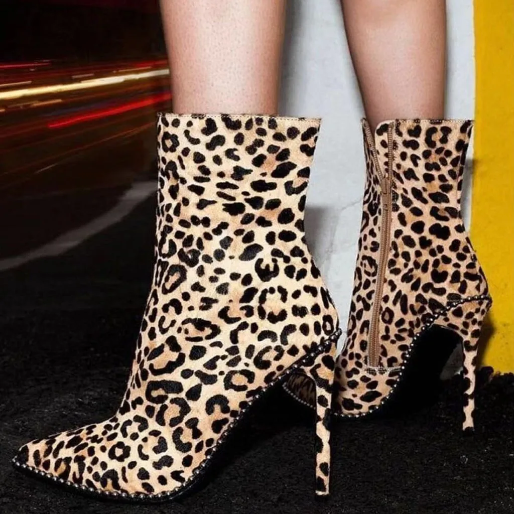

Ankle Boots Women Spring/Autumn Boots Femme Leopard Pointed Toe Zipper Thin High Heels Shoes Sexy Fashion Botas Mujer