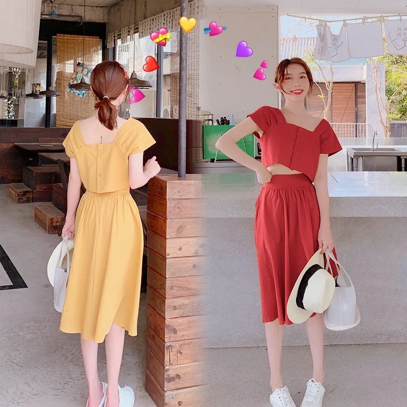 

Photo Shoot INS French Non-mainstream Square Collar And Negative Double Purpose Brick Red Back High-waisted A- line Scheming Mid