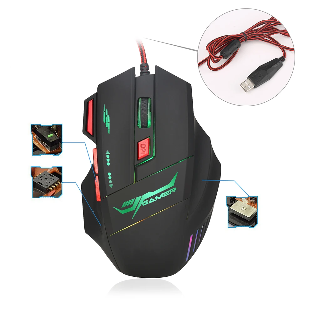 Светодиодный, оптическая, USB, регулируемая, проводная, RGB игровая мышь, 7 кнопок, 3200 dpi, 5500 dpi, для ноутбука, компьютера, Pro Gamer, игровая мышь