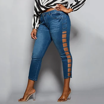 

New Women Plus-Size Hollow Out Jeans Ladies Casual Stretchy Skinny Denim Pants Women Blue Washed Denim Trousers L-5XL D30