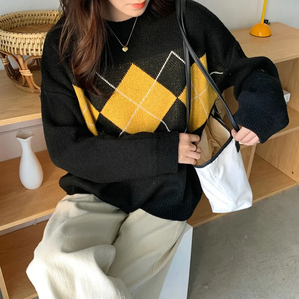 Women Korean Autumn Winter Long Sleeve O-neck Classic Argyle Sweater Knitted Warm Casual Pullovers Back To The Basics Jumper Top long sweater