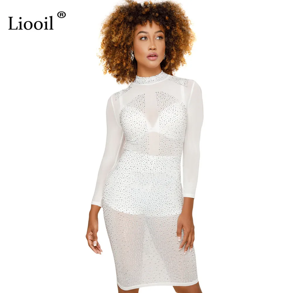 Liooil Black White Rhinestone Sexy Mesh Sheer Mini Dress Fall Long Sleeve See Through Tight Dresses Woman Party Night Club - Цвет: Белый