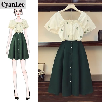 

Plus Size 2 Piece Set Women New Summer Small Fresh Embroidery Short Sleeve Top + Single Breasted Green Skirts Girls Suits