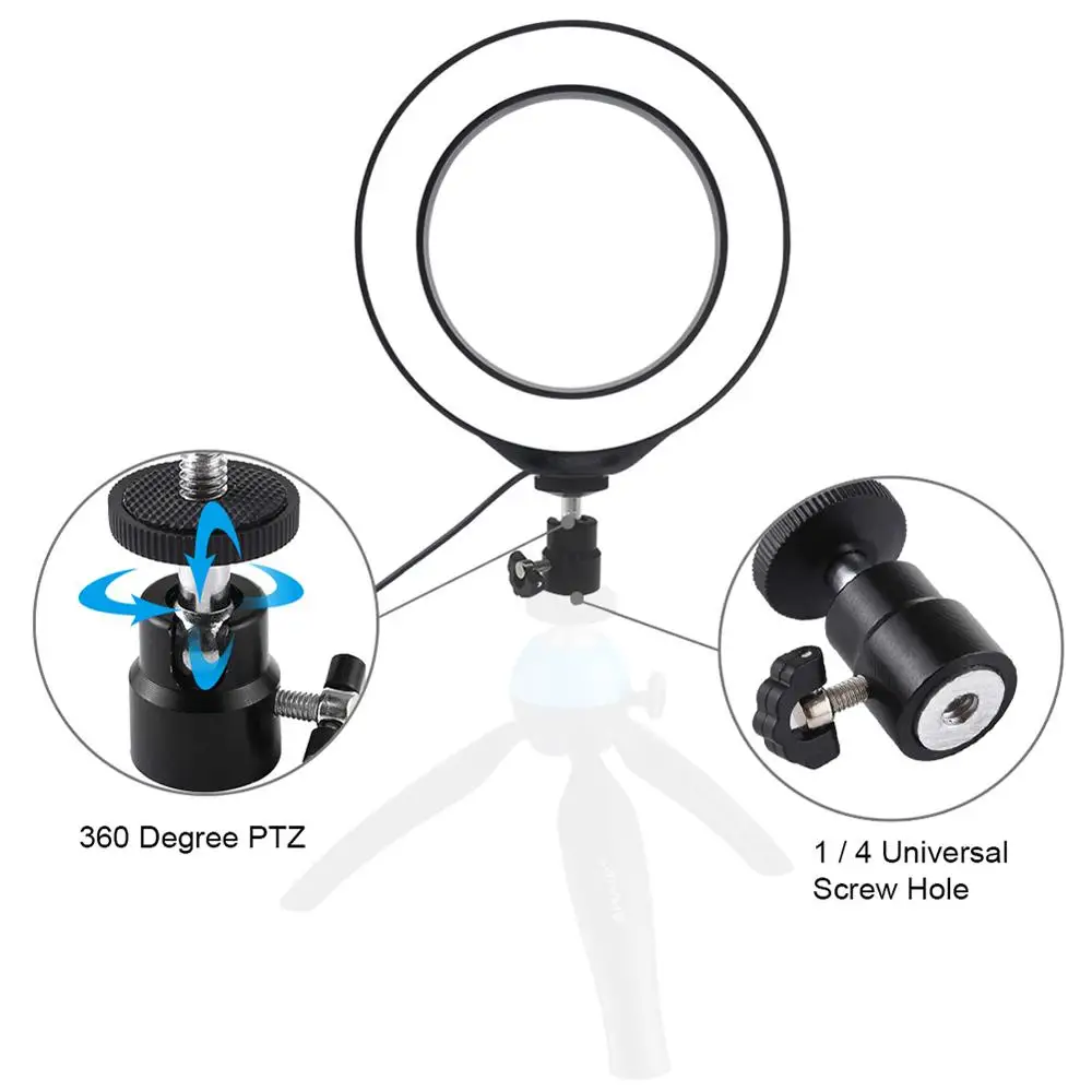 

6.2 inch 16cm USB 3 Modes Dimmable LED Ring Vlogging Photography Video Lights with Cold Shoe Tripod Ball Head(Black)