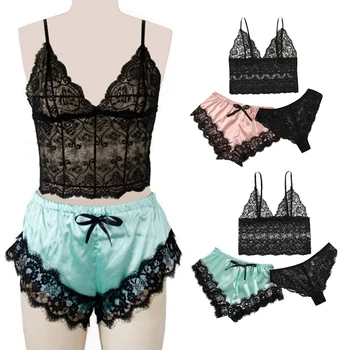 

Three-Piece Stretch Satin Sexy Temptation Shorts Lace Transparent Pajamas