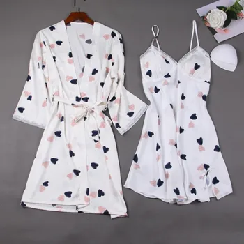 

Lady 2PCS Nighty&Robe Suit Sleepwear Satin Silky Robe Set Nightdress Casual Print Bathrobe Intimate Lingerie Lace Nightwear Gown