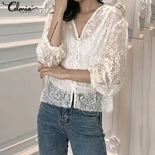 2020 Celmia Summer White Lace Blouse Sexy Women V-Neck Casual Shirts Lantern Sleeve Elegant Office Party Tunic Top Hollow Blusas 2020 Celmia Summer White Lace Blouse Sexy Women V-Neck Casual Shirts Lantern Sleeve Elegant Office Party Tunic Top Hollow Blusas
