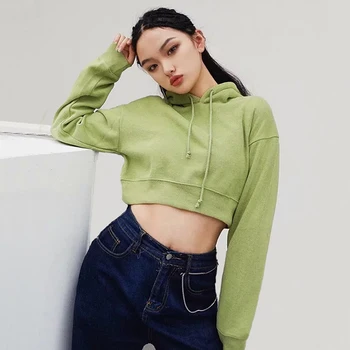 

Women Cropped Hoodie Dropped Shoulders Drawstring Hood Crop Sweatshirt